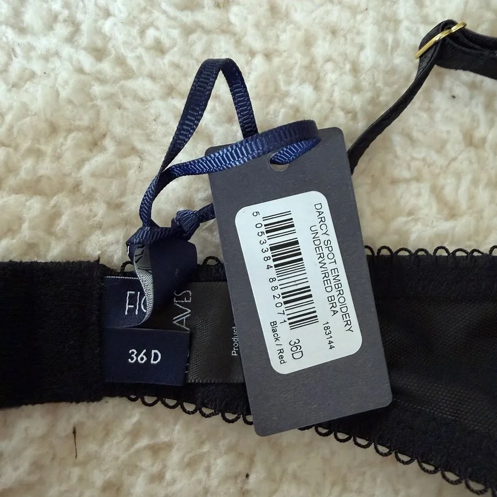 FIG LEAVES Black Red Sheer Bra And Thong Panty Sz 36D 12 NWT